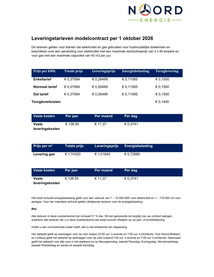 Voorbeeld van het modelcontract met variabele tarieven per 1 oktober 2026